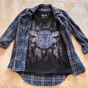 Plaid Flannel Shirt Graphic Tee Combo Set Grunge Dragonfly Blue Black Sz Small